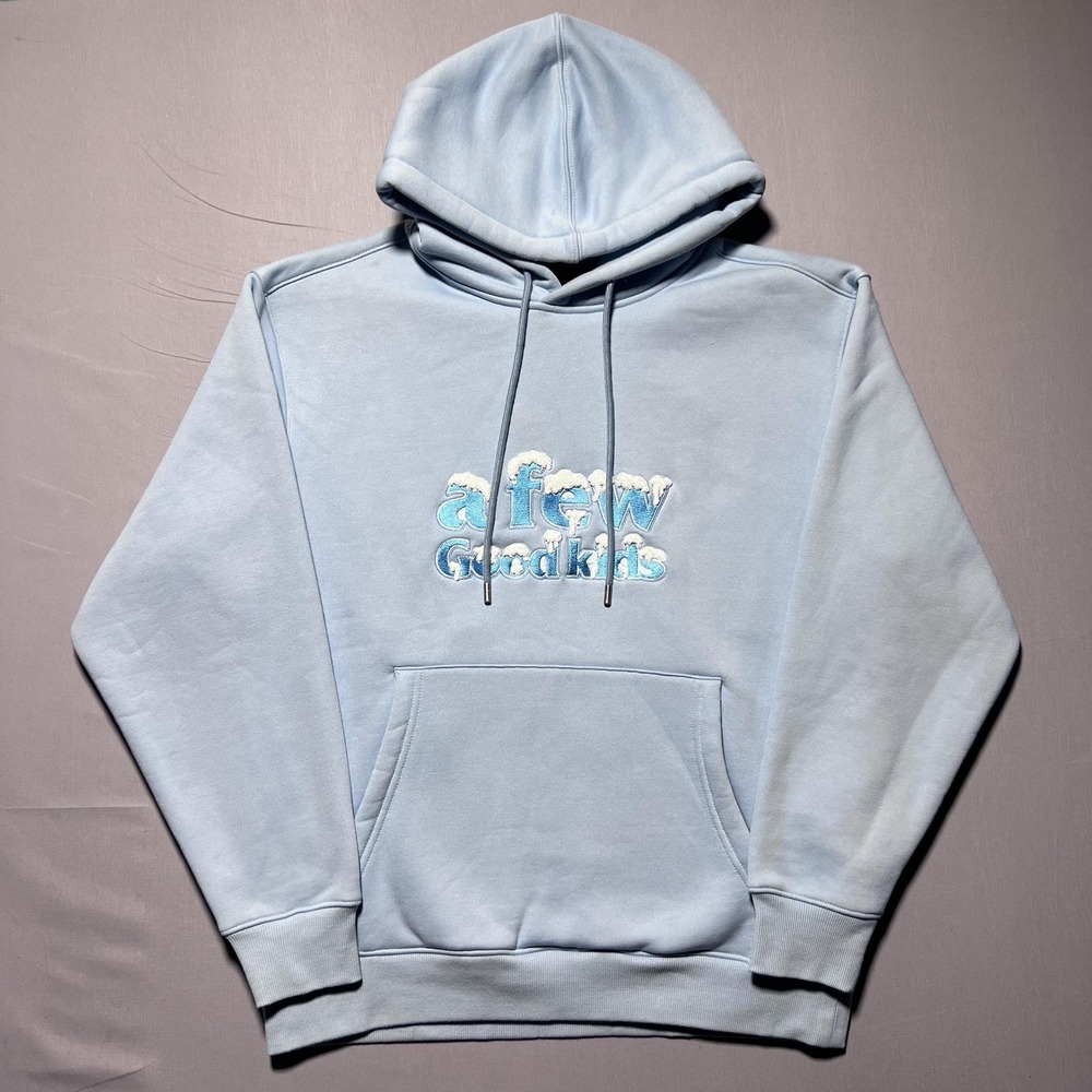 A Few Good Kids Snow Logo Hoodie Mens Medium Light‎ Blue Embroidered Graphic